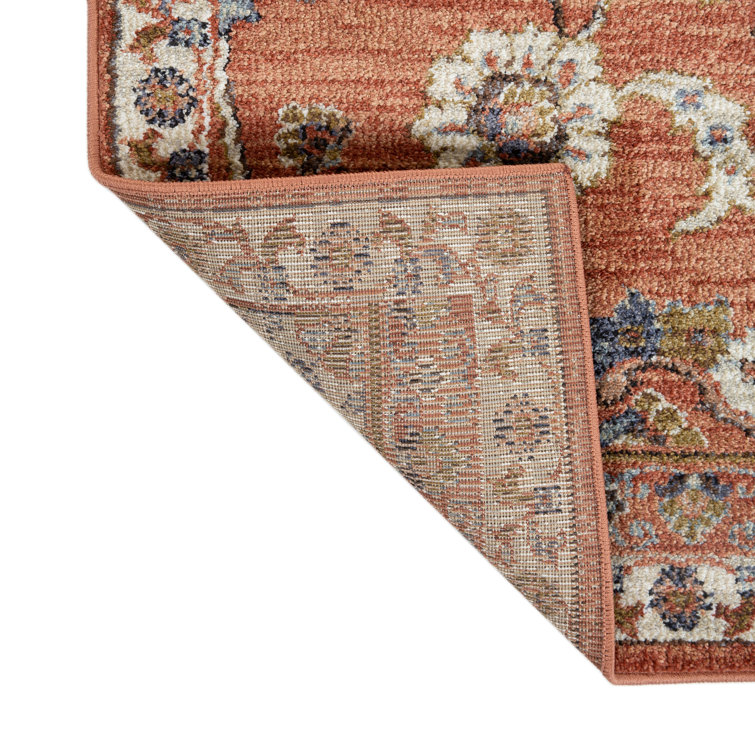 Ivory and Orange Floral Rectangular Synthetic Area Rug