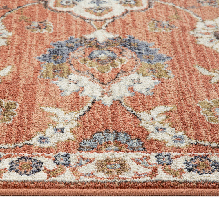 Ivory and Orange Floral Rectangular Synthetic Area Rug