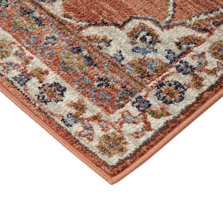 Ivory and Orange Floral Rectangular Synthetic Area Rug