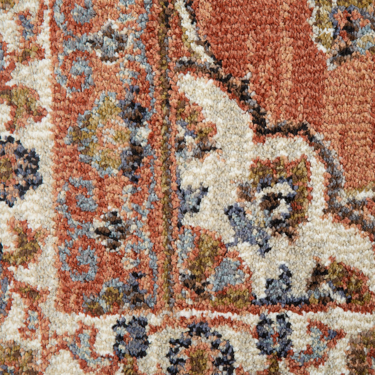 Ivory and Orange Floral Rectangular Synthetic Area Rug