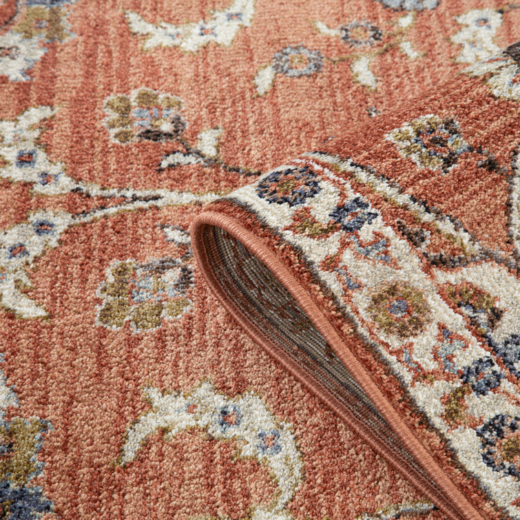Ivory and Orange Floral Rectangular Synthetic Area Rug