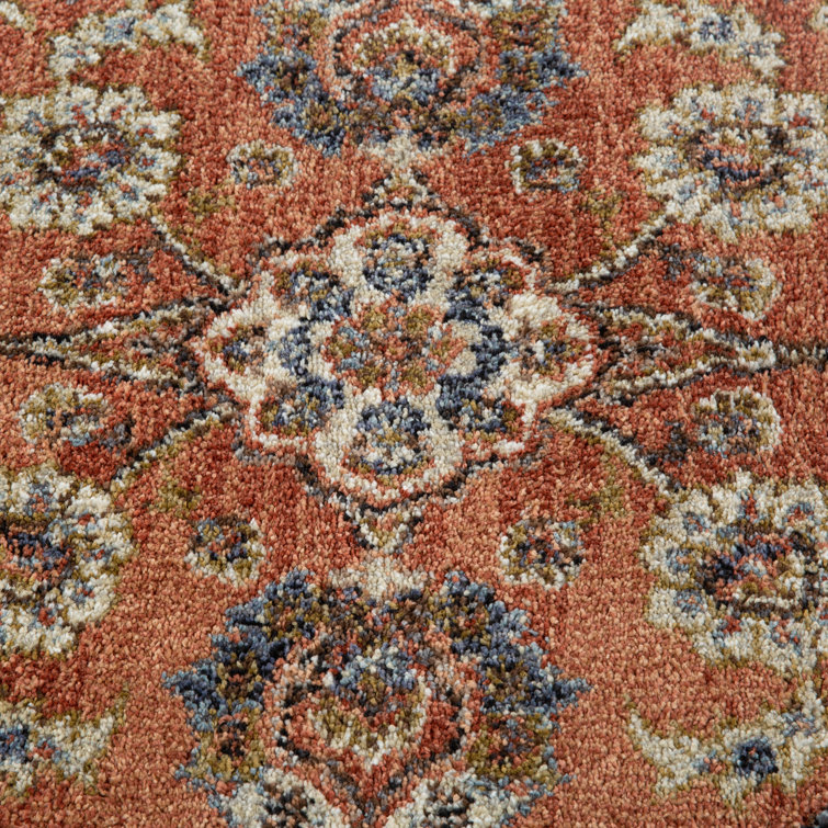 Ivory and Orange Floral Rectangular Synthetic Area Rug