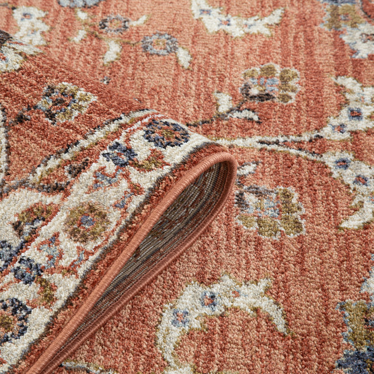 Ivory and Orange Floral Rectangular Synthetic Area Rug