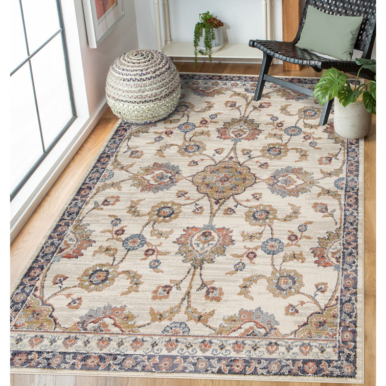 Ivory and Multicolor Synthetic Floral Accent Rug with Trim Embellishment