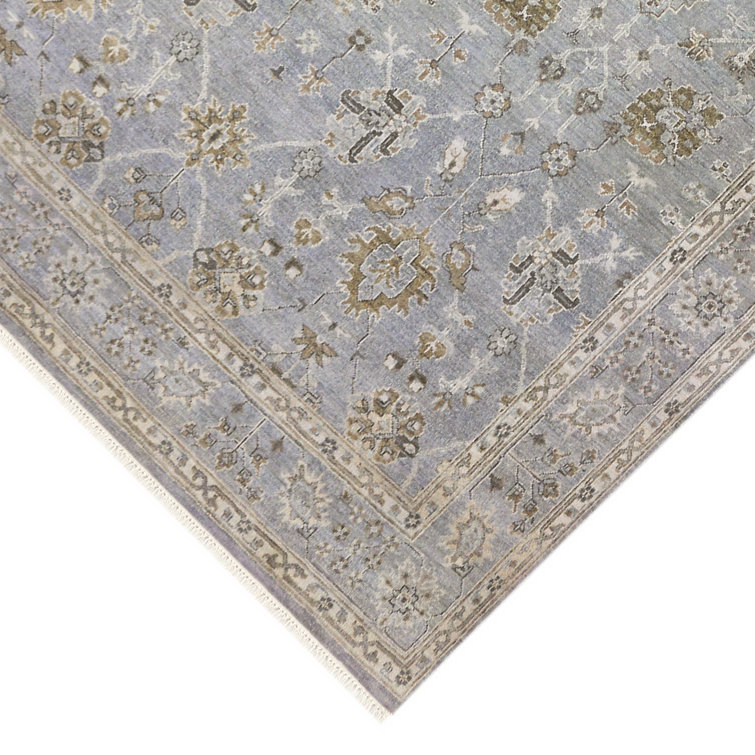 Hand-Knotted Blue Wool Fringed Area Rug, 14' x 10'