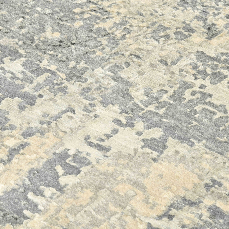 Hand-Knotted Gray and Tan Abstract Wool Silk Rug 2' x 3'