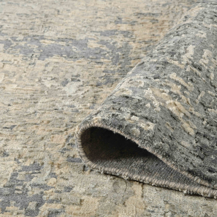 Hand-Knotted Gray and Tan Abstract Wool Silk Rug 2' x 3'