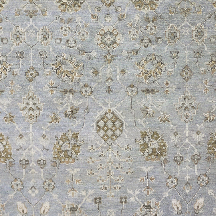 Hand-Knotted Blue Wool Fringed Area Rug, 14' x 10'