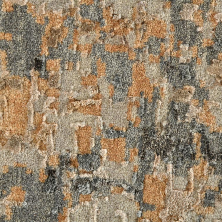 Hand-Knotted Blue and Orange Abstract Wool and Silk 9' x 12' Rug