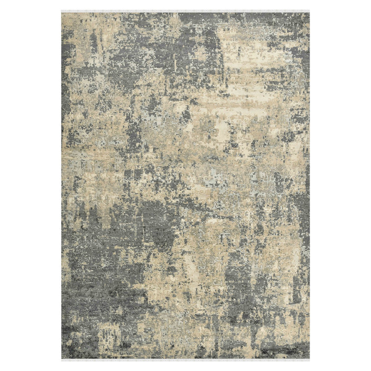 Hand-Knotted Gray and Tan Abstract Wool Silk Rug 2' x 3'