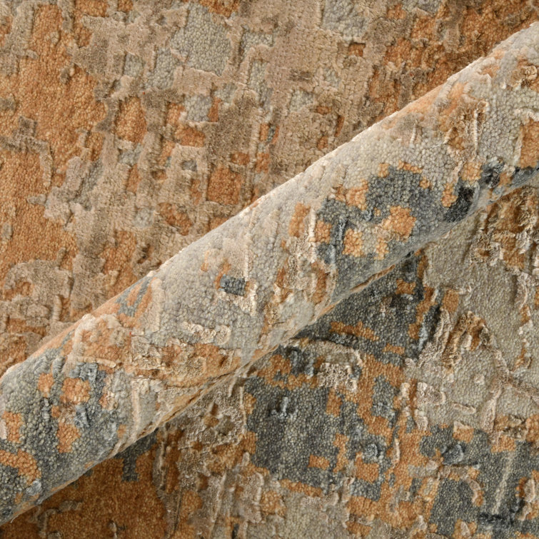 Hand-Knotted Blue and Orange Abstract Wool and Silk 9' x 12' Rug
