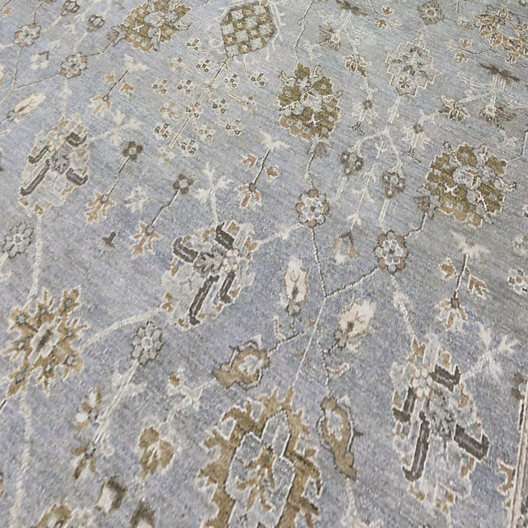 Hand-Knotted Blue Wool Fringed Area Rug, 14' x 10'