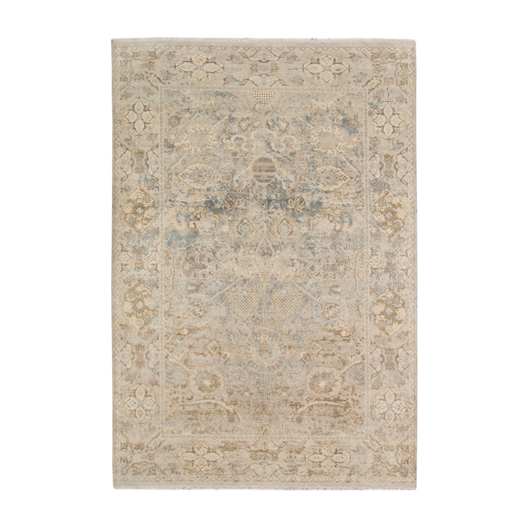 Hand-Knotted Blue and Beige Wool Area Rug 9' x 12'