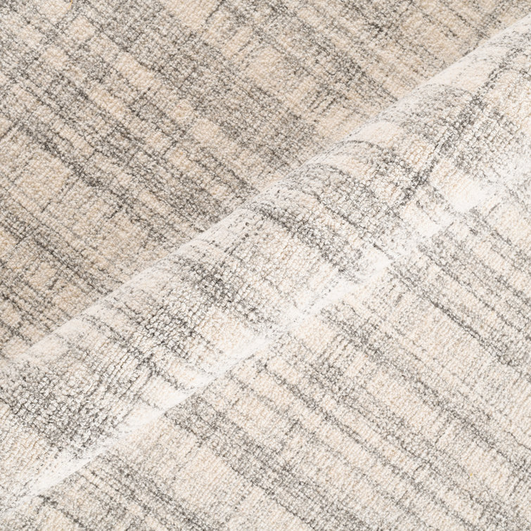 Ivory Plaid Hand-Tufted Wool Rectangular Area Rug 5' x 7'