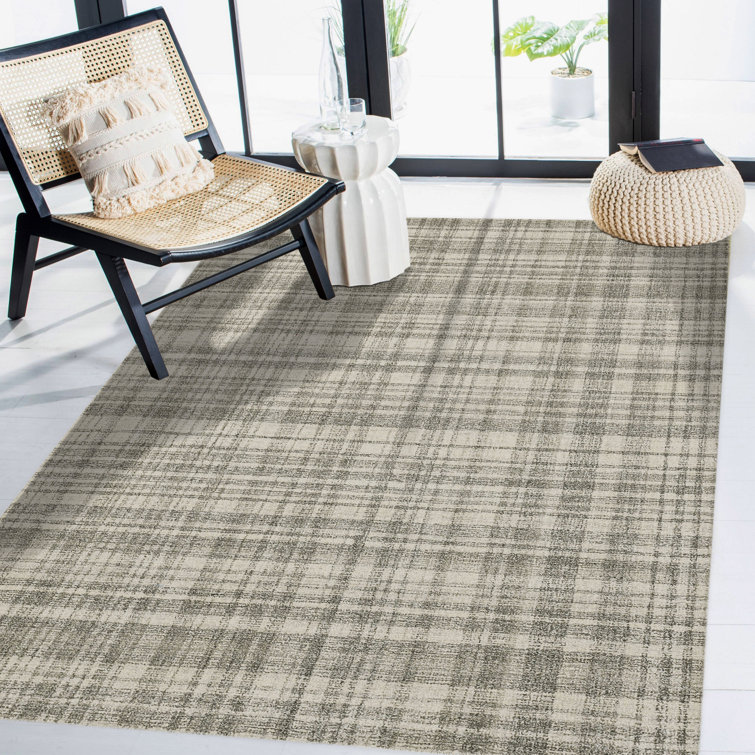Ivory Plaid Hand-Tufted Wool Rectangular Area Rug 5' x 7'