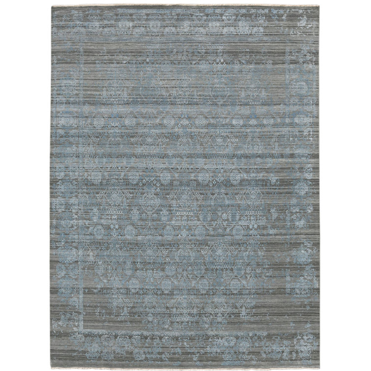 Pearl Hand-Knotted Dark Gray and Blue Wool Silk Rug