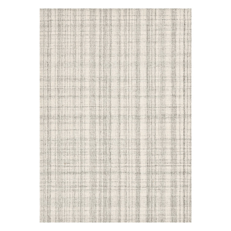 Ivory Plaid Hand-Tufted Wool Rectangular Area Rug 5' x 7'