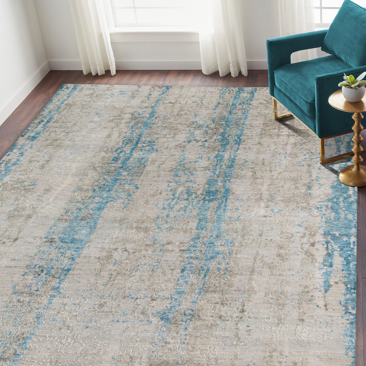 Zenith Blue Hand-Knotted Wool and Silk Abstract Rug
