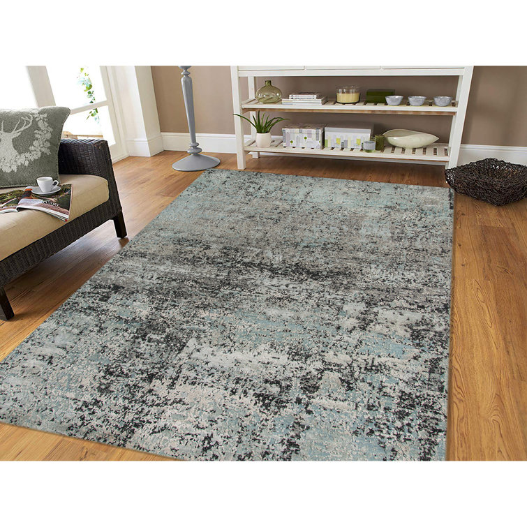 Hand-Knotted Blue Abstract Wool and Silk 10' x 14' Rug