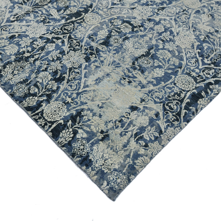 Pearl Hand-Knotted Blue Wool and Silk Area Rug