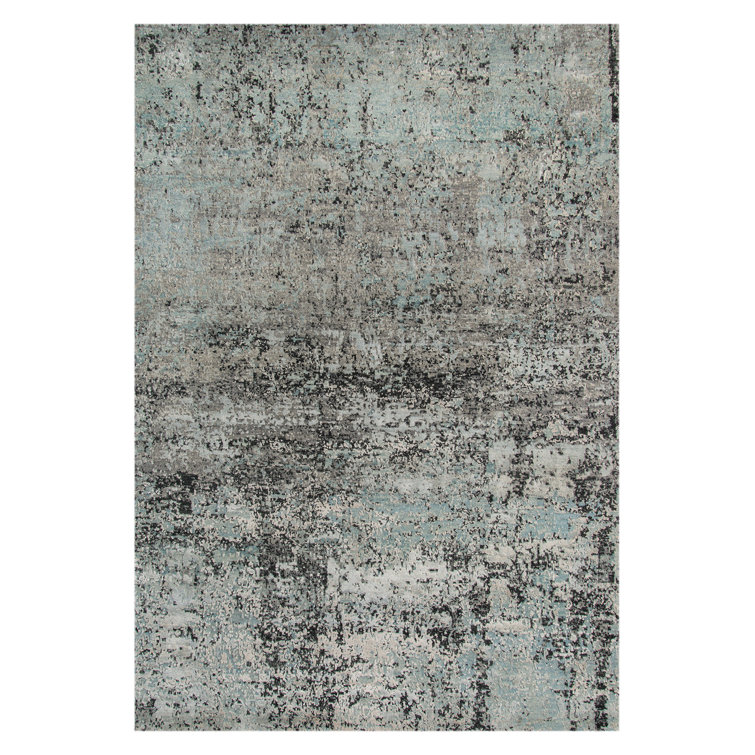 Gray and Blue Hand-Knotted Wool Silk Abstract Rug, 8x10