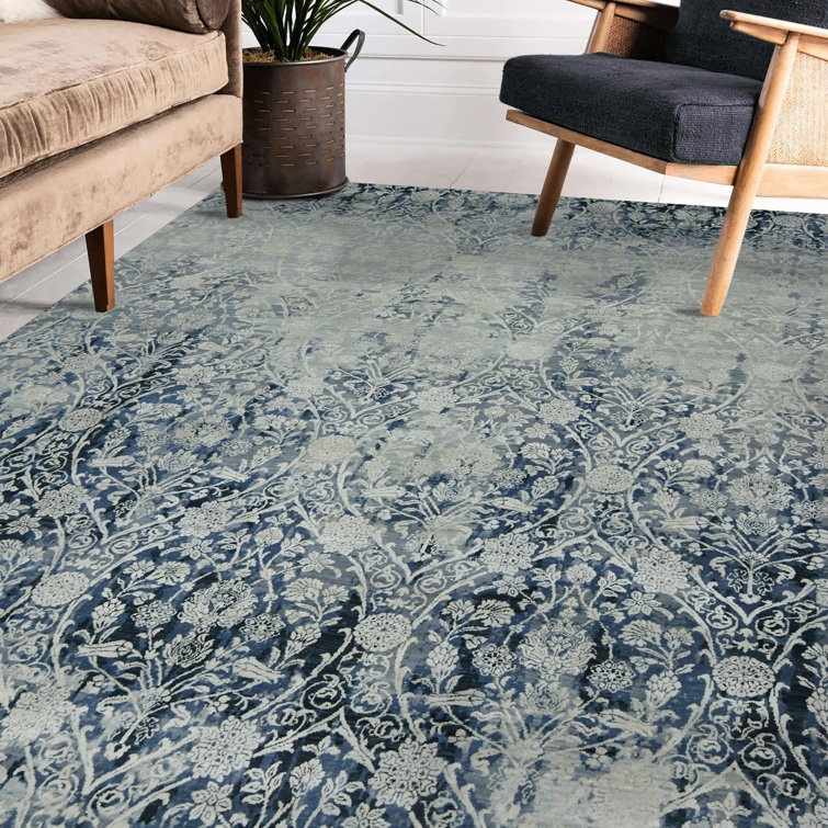 Pearl Hand-Knotted Blue Wool and Silk Area Rug