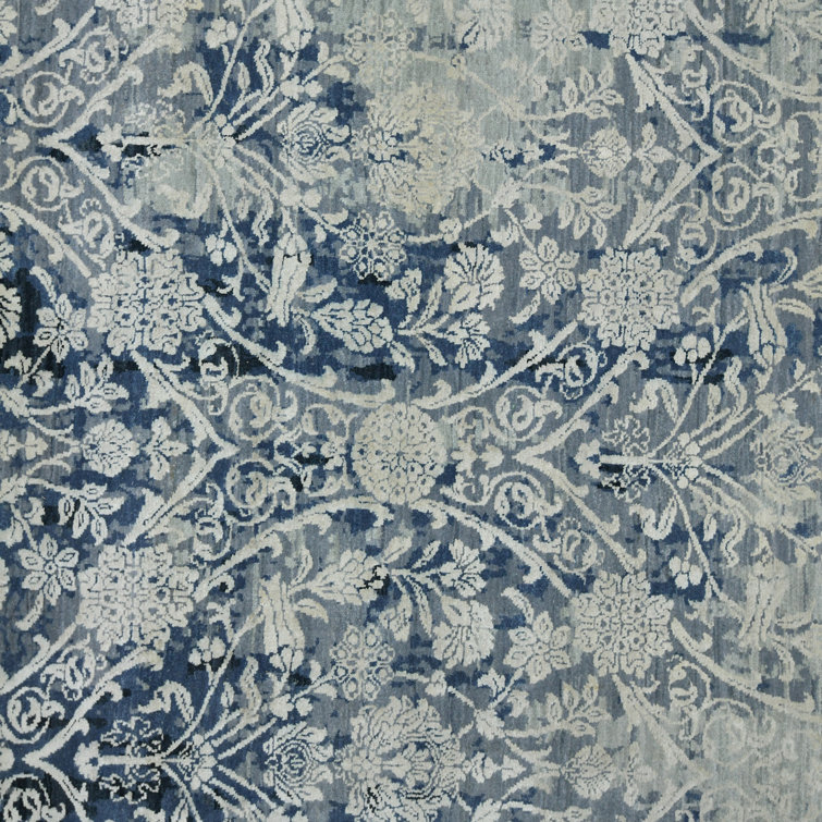 Pearl Hand-Knotted Blue Wool and Silk Area Rug