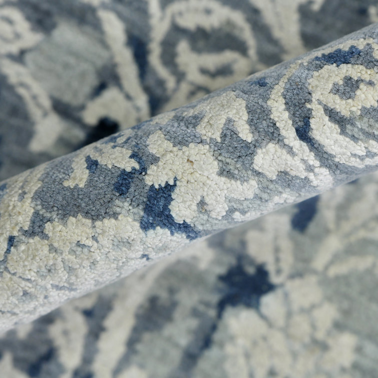 Pearl Hand-Knotted Blue Wool and Silk Area Rug