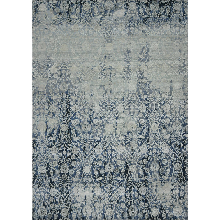 Pearl Hand-Knotted Blue Wool and Silk Area Rug