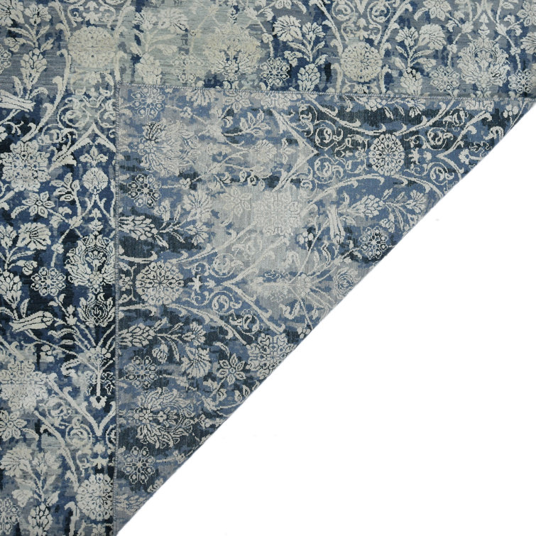 Pearl Hand-Knotted Blue Wool and Silk Area Rug