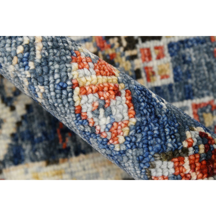 Blue Geometric Hand-Knotted Wool Area Rug 10' x 14'