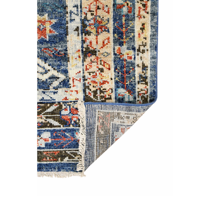 Blue Geometric Hand-Knotted Wool Area Rug 10' x 14'