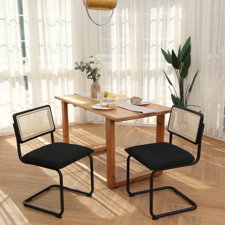 Black Boucle Upholstered Side Chair with Rattan Cane Back