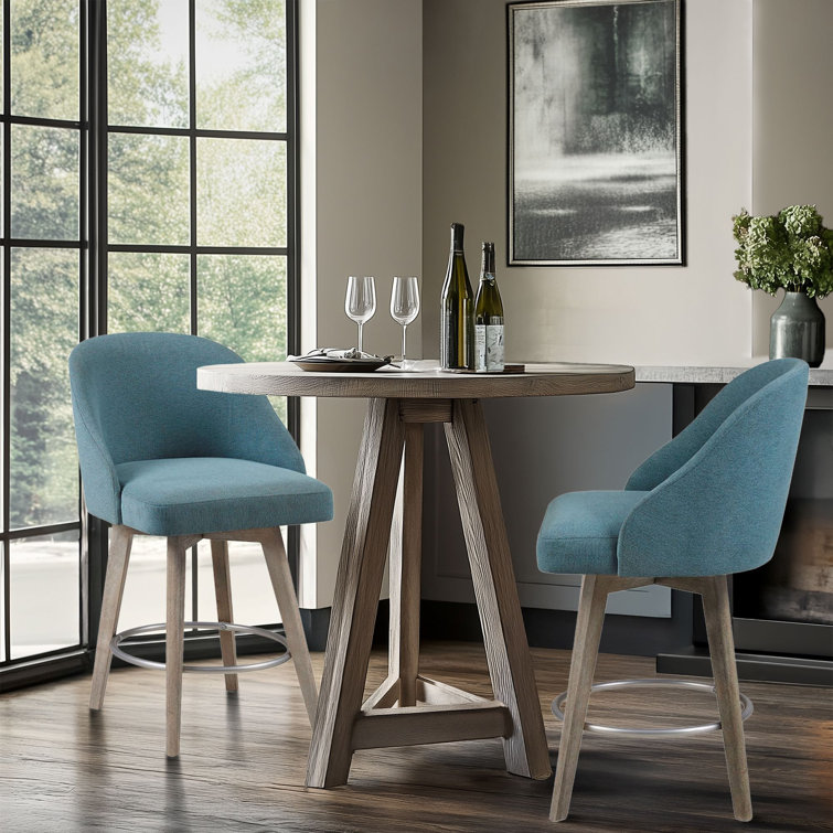 Blue Swivel Counter Stool with Wood Legs