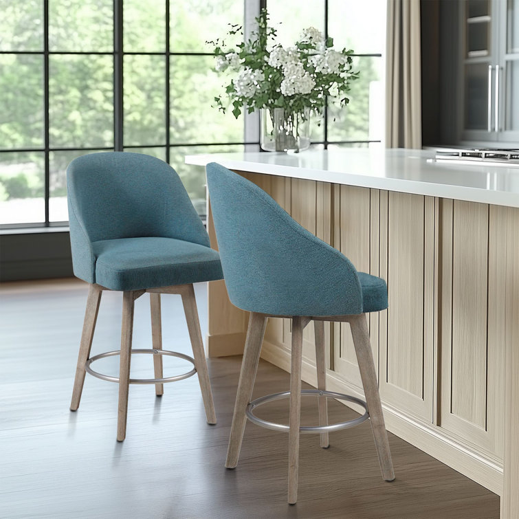 Blue Swivel Counter Stool with Wood Legs