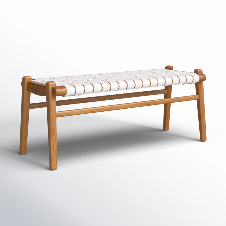 White Leather and Teak Wood Woven Bench
