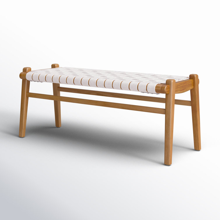 White Leather and Teak Wood Woven Bench