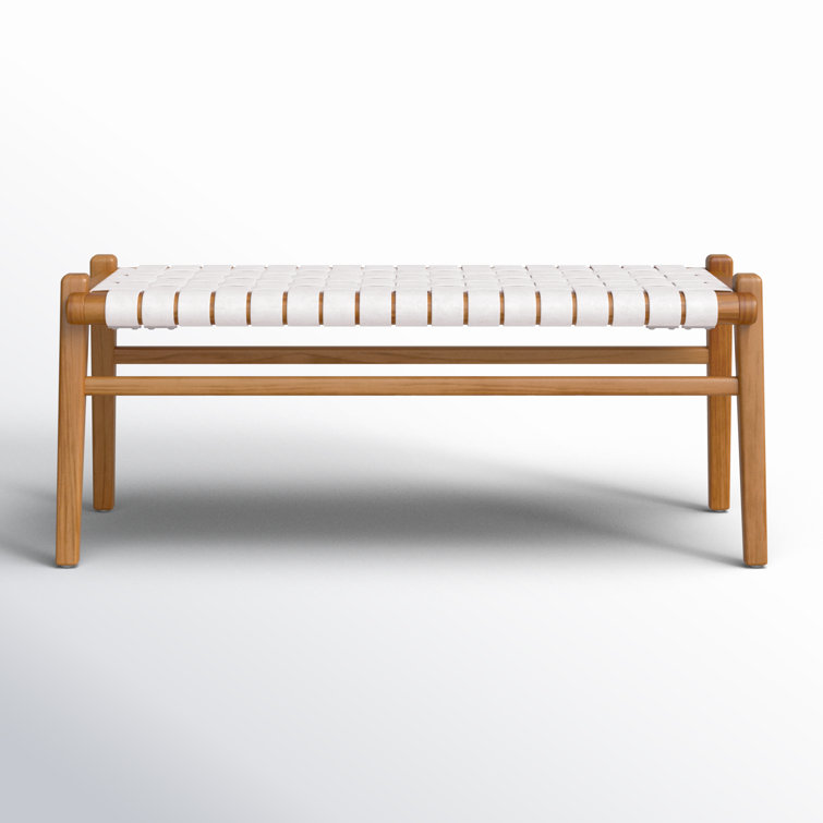 White Leather and Teak Wood Woven Bench