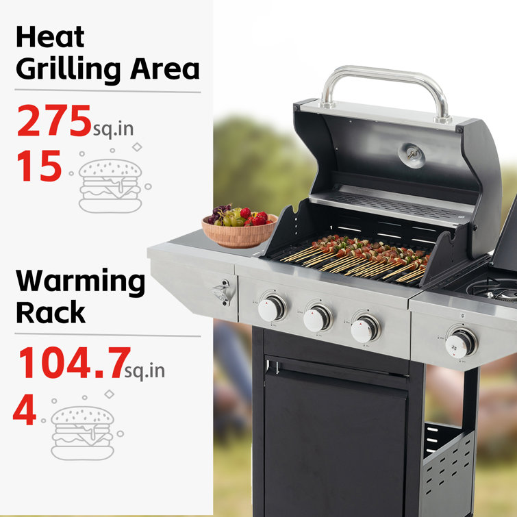 Stainless Steel 3-Burner Propane Gas Grill with Side Burner