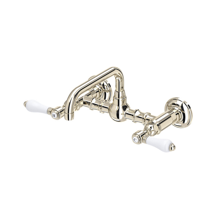 Polished Nickel Wall Mounted Brass Bathroom Faucet with Porcelain Handles
