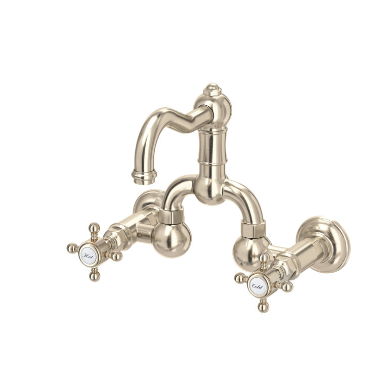 Polished Nickel Wall Mounted Widespread Faucet with Porcelain Handles