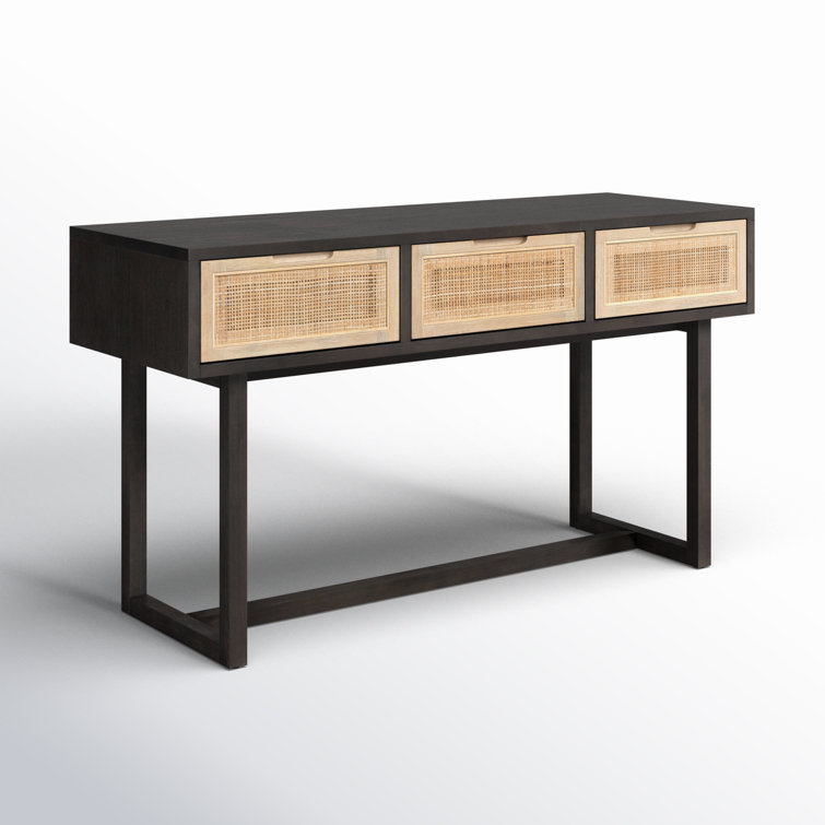Clarita Mid-Century Modern Black Mango Wood Console Table with 3 Cane Drawers