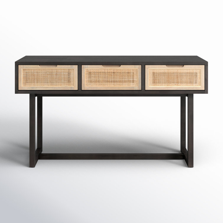 Clarita Mid-Century Modern Black Mango Wood Console Table with 3 Cane Drawers