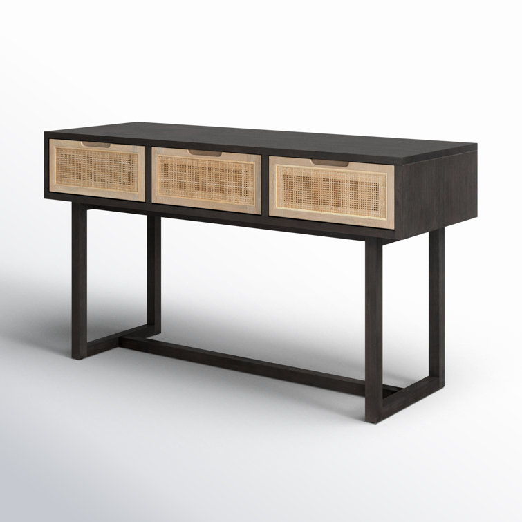 Clarita Mid-Century Modern Black Mango Wood Console Table with 3 Cane Drawers