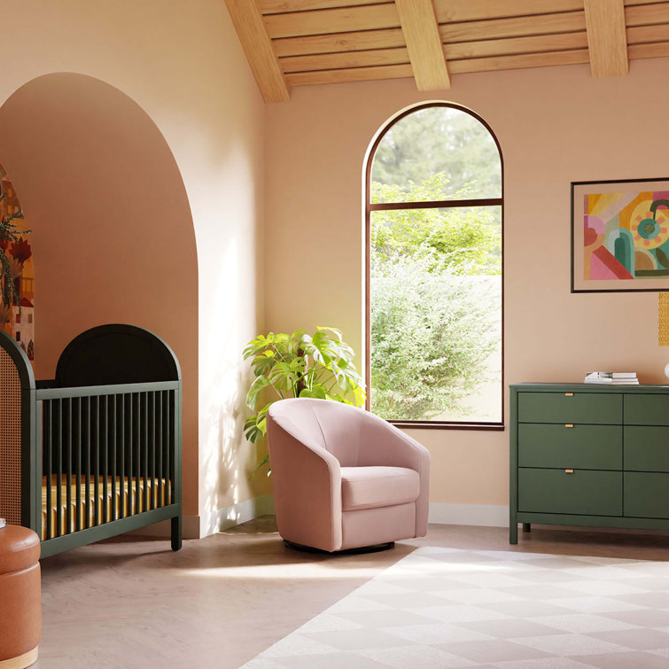 Blush Pink Velvet Handcrafted Swivel Glider with Wooden Base