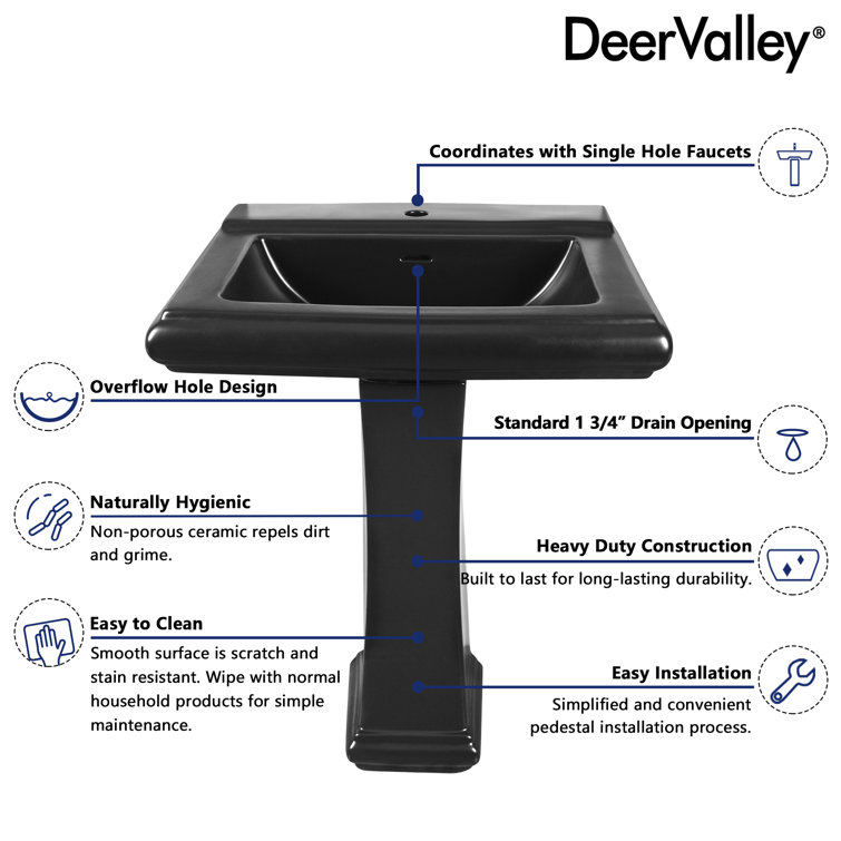 Apex Black Ceramic Rectangular Pedestal Sink with Single Faucet Hole