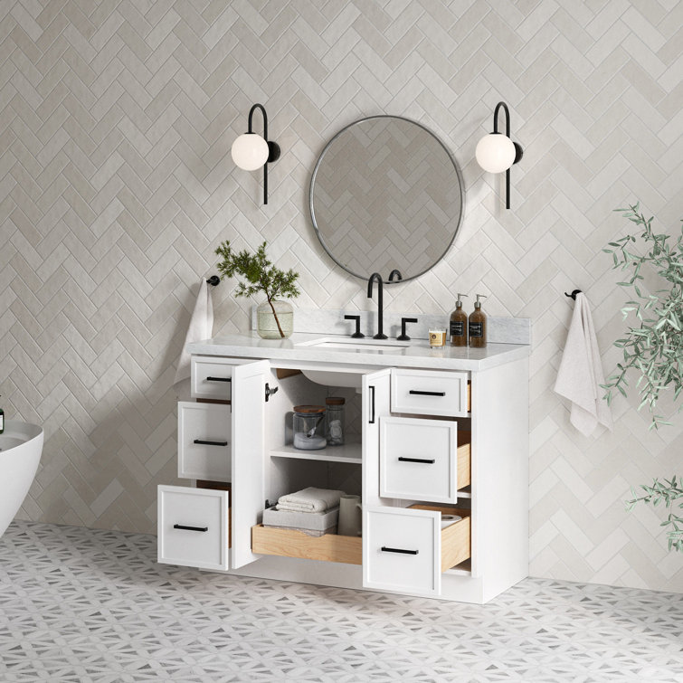 White Marble Top Single Sink Bathroom Vanity with Solid Wood Base