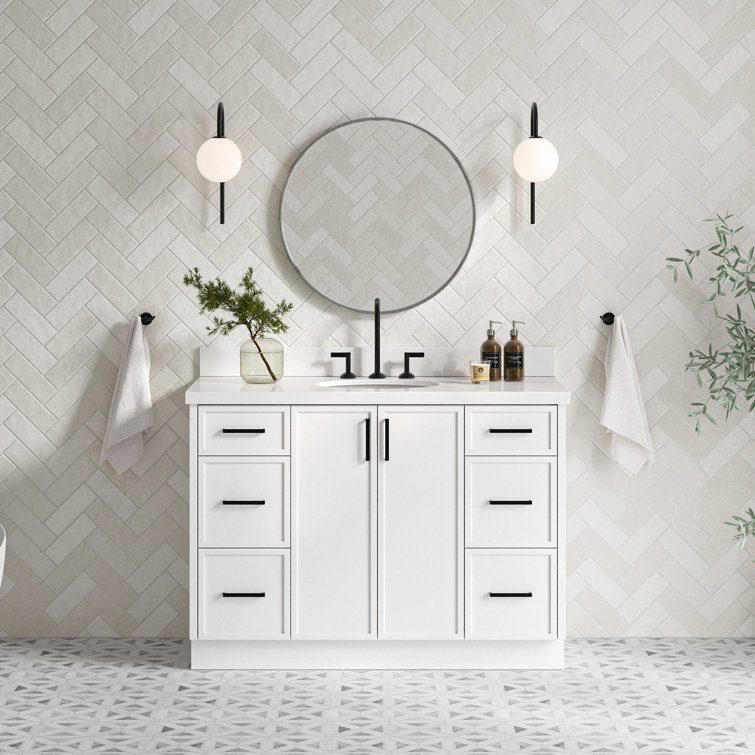 White Solid Wood Single Sink Bathroom Vanity with Quartz Top