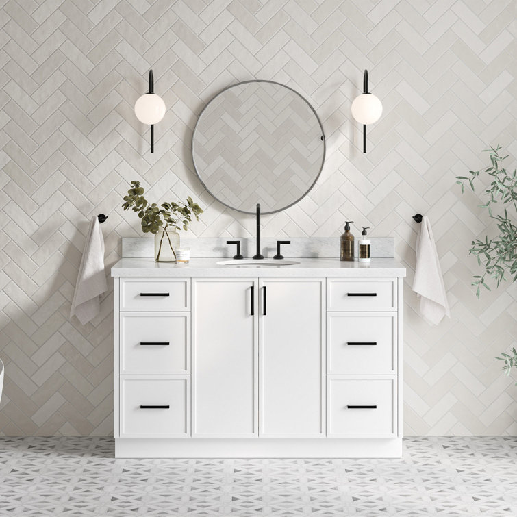 Kelly 55" White Solid Wood Single Sink Vanity with Carrara Marble Top