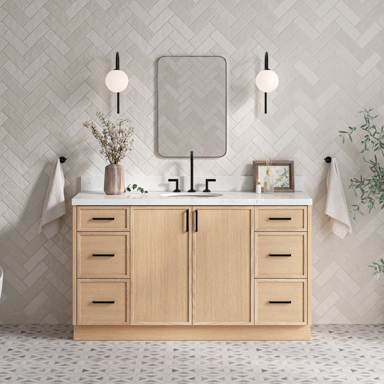 Kelly 60" White Oak Freestanding Bathroom Vanity Cabinet with Black Handles